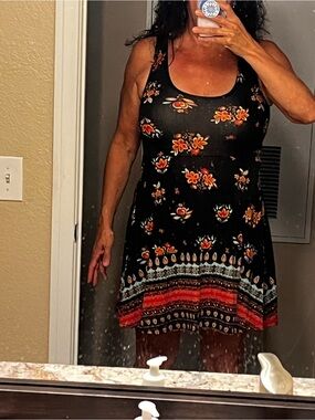 DARLING "Angie" Black Mini Dress with Red and Yellow Floral Print